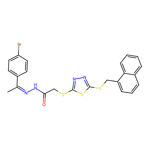 N-[(E)-1-(4-bromophenyl)ethylideneamino]-2-[[5-(naphthalen-1-ylmethylsulfanyl)-1,3,4-thiadiazol-2-yl]sulfanyl]acetamide structure