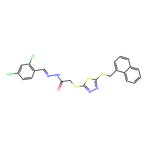 (E)-N'-(2,4-dichlorobenzylidene)-2-((5-((naphthalen-1-ylmethyl)thio)-1,3,4-thiadiazol-2-yl)thio)acetohydrazide structure