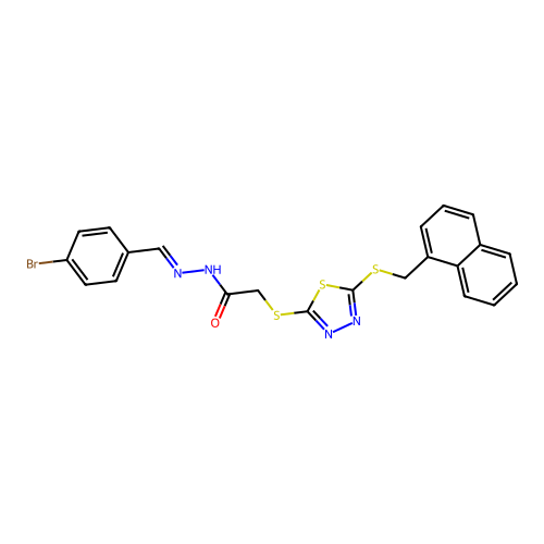 (E)-N'-(4-bromobenzylidene)-2-((5-((naphthalen-1-ylmethyl)thio)-1,3,4-thiadiazol-2-yl)thio)acetohydrazide structure