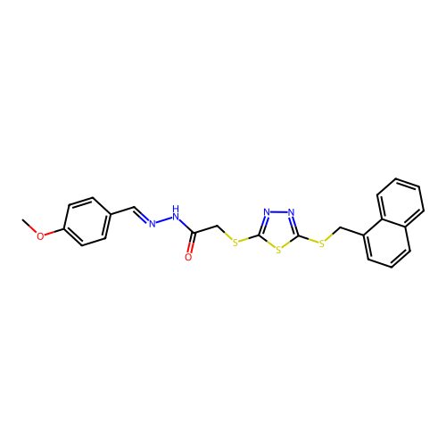 (E)-N'-(4-methoxybenzylidene)-2-((5-((naphthalen-1-ylmethyl)thio)-1,3,4-thiadiazol-2-yl)thio)acetohydrazide structure