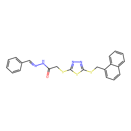 2-({5-[(naphthalen-1-ylmethyl)sulfanyl]-1,3,4-thiadiazol-2-yl}sulfanyl)-N'-[(E)-phenylmethylidene]acetohydrazide structure