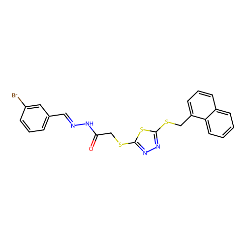 (E)-N'-(3-bromobenzylidene)-2-((5-((naphthalen-1-ylmethyl)thio)-1,3,4-thiadiazol-2-yl)thio)acetohydrazide structure