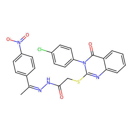 (Z)-2-((3-(4-chlorophenyl)-4-oxo-3,4-dihydroquinazolin-2-yl)thio)-N'-(1-(4-nitrophenyl)ethylidene)acetohydrazide structure