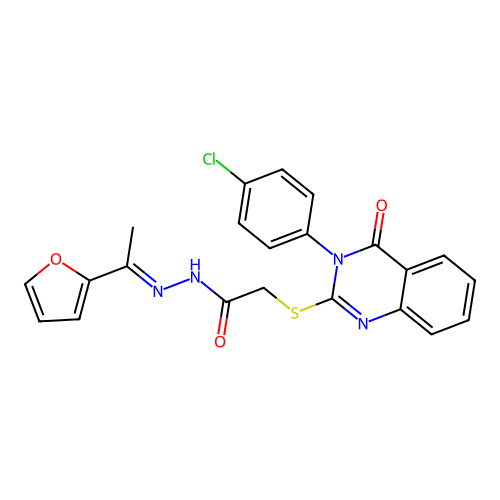 (E)-2-((3-(4-chlorophenyl)-4-oxo-3,4-dihydroquinazolin-2-yl)thio)-N'-(1-(furan-2-yl)ethylidene)acetohydrazide structure