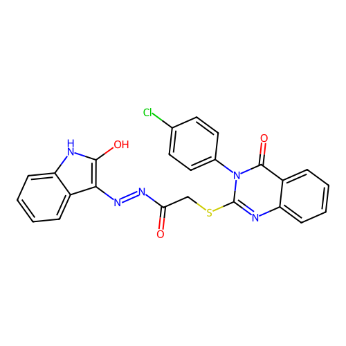 (E)-2-((3-(4-chlorophenyl)-4-oxo-3,4-dihydroquinazolin-2-yl)thio)-N'-(2-oxoindolin-3-ylidene)acetohydrazide structure