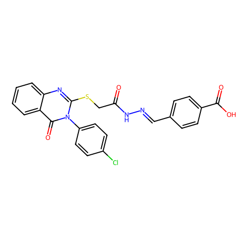 (E)-4-((2-(2-((3-(4-chlorophenyl)-4-oxo-3,4-dihydroquinazolin-2-yl)thio)acetyl)hydrazono)methyl)benzoic acid structure