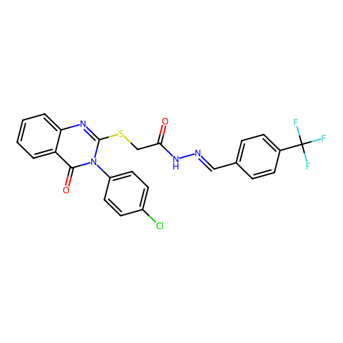 (E)-2-((3-(4-chlorophenyl)-4-oxo-3,4-dihydroquinazolin-2-yl)thio)-N'-(4-(trifluoromethyl)benzylidene)acetohydrazide structure
