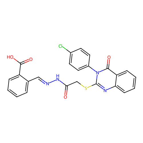 (E)-2-((2-(2-((3-(4-chlorophenyl)-4-oxo-3,4-dihydroquinazolin-2-yl)thio)acetyl)hydrazono)methyl)benzoic acid structure