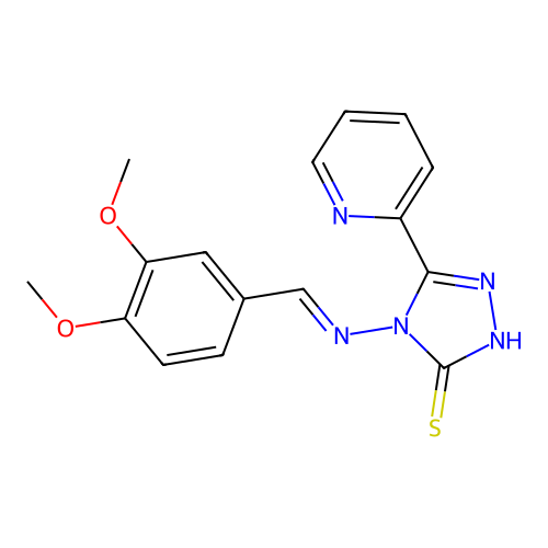 (E)-4-((3,4-dimethoxybenzylidene)amino)-5-(pyridin-2-yl)-4H-1,2,4-triazole-3-thiol structure