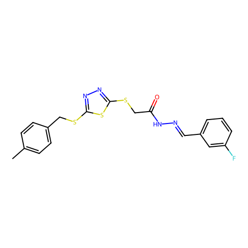 N'-[(E)-(3-fluorophenyl)methylidene]-2-({5-[(4-methylbenzyl)sulfanyl]-1,3,4-thiadiazol-2-yl}sulfanyl)acetohydrazide structure