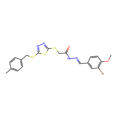 N'-[(E)-(3-bromo-4-methoxyphenyl)methylidene]-2-({5-[(4-methylbenzyl)sulfanyl]-1,3,4-thiadiazol-2-yl}sulfanyl)acetohydrazide structure