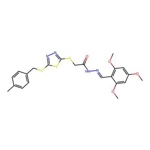 2-({5-[(4-methylbenzyl)sulfanyl]-1,3,4-thiadiazol-2-yl}sulfanyl)-N'-[(E)-(2,4,6-trimethoxyphenyl)methylidene]acetohydrazide structure