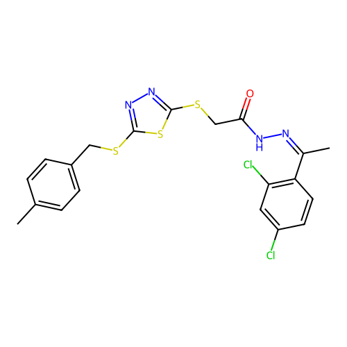 (Z)-N'-(1-(2,4-dichlorophenyl)ethylidene)-2-((5-((4-methylbenzyl)thio)-1,3,4-thiadiazol-2-yl)thio)acetohydrazide structure
