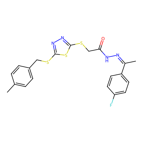 (Z)-N'-(1-(4-fluorophenyl)ethylidene)-2-((5-((4-methylbenzyl)thio)-1,3,4-thiadiazol-2-yl)thio)acetohydrazide structure