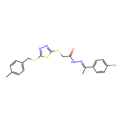 (E)-N'-(1-(4-chlorophenyl)ethylidene)-2-((5-((4-methylbenzyl)thio)-1,3,4-thiadiazol-2-yl)thio)acetohydrazide structure