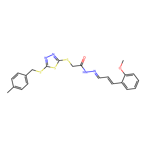 (E)-N'-((E)-3-(2-methoxyphenyl)allylidene)-2-((5-((4-methylbenzyl)thio)-1,3,4-thiadiazol-2-yl)thio)acetohydrazide structure