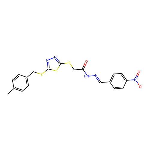 2-({5-[(4-methylbenzyl)sulfanyl]-1,3,4-thiadiazol-2-yl}sulfanyl)-N'-[(E)-(4-nitrophenyl)methylidene]acetohydrazide structure