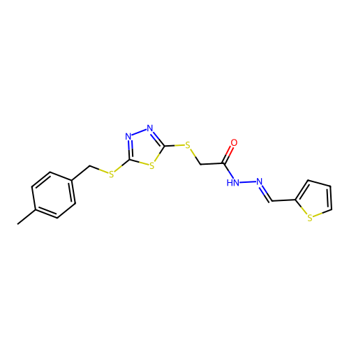 2-({5-[(4-methylbenzyl)sulfanyl]-1,3,4-thiadiazol-2-yl}sulfanyl)-N'-[(E)-thiophen-2-ylmethylidene]acetohydrazide structure