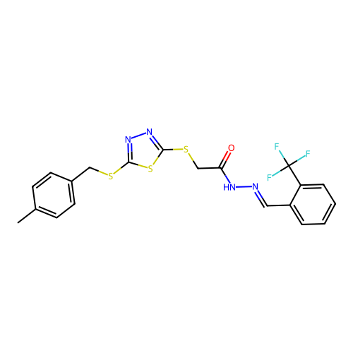 2-({5-[(4-methylbenzyl)sulfanyl]-1,3,4-thiadiazol-2-yl}sulfanyl)-N'-{(E)-[2-(trifluoromethyl)phenyl]methylidene}acetohydrazide structure