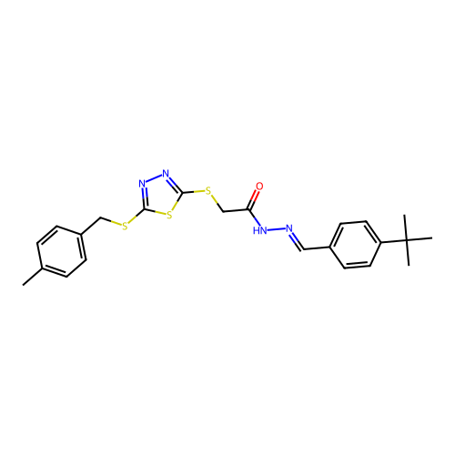 N'-[(E)-(4-tert-butylphenyl)methylidene]-2-({5-[(4-methylbenzyl)sulfanyl]-1,3,4-thiadiazol-2-yl}sulfanyl)acetohydrazide structure