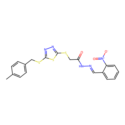 2-({5-[(4-methylbenzyl)sulfanyl]-1,3,4-thiadiazol-2-yl}sulfanyl)-N'-[(E)-(2-nitrophenyl)methylidene]acetohydrazide structure