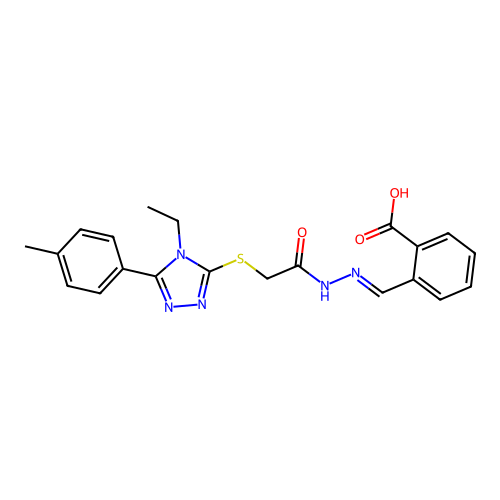 (E)-2-((2-(2-((4-ethyl-5-(p-tolyl)-4H-1,2,4-triazol-3-yl)thio)acetyl)hydrazono)methyl)benzoic acid structure