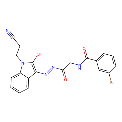 3-bromo-N-[[[1-(2-cyanoethyl)-2-oxo-indol-3-ylidene]amino]carbamoylmethyl]benzamide structure