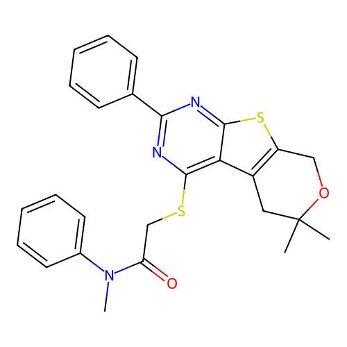 2-((6,6-dimethyl-2-phenyl-6,8-dihydro-5H-pyrano[4',3':4,5]thieno[2,3-d]pyrimidin-4-yl)thio)-N-methyl-N-phenylacetamide structure