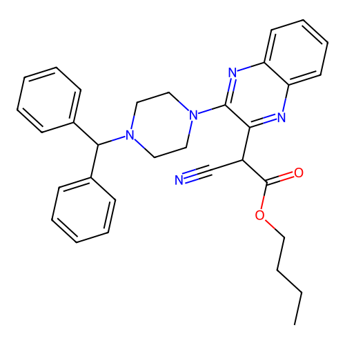 Butyl cyano{3-[4-(diphenylmethyl)piperazin-1-yl]quinoxalin-2-yl}acetate structure