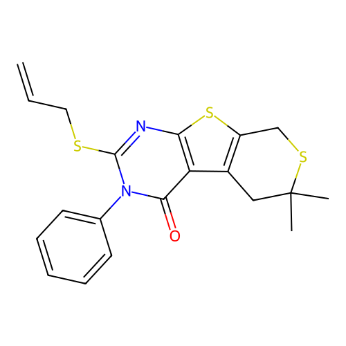2-(allylthio)-6,6-dimethyl-3-phenyl-5,6-dihydro-3H-thiopyrano[4',3':4,5]thieno[2,3-d]pyrimidin-4(8H)-one structure