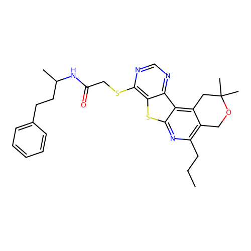 2-((2,2-dimethyl-5-propyl-2,4-dihydro-1H-pyrano[4'',3'':4',5']pyrido[3',2':4,5]thieno[3,2-d]pyrimidin-8-yl)thio)-N-(4-phenylbutan-2-yl)acetamide structure