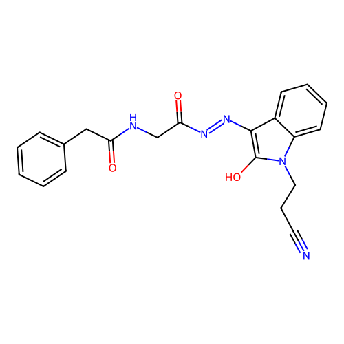 N-[2-[2-[1-(2-cyanoethyl)-2-oxoindol-3-ylidene]hydrazinyl]-2-oxoethyl]-2-phenylacetamide structure