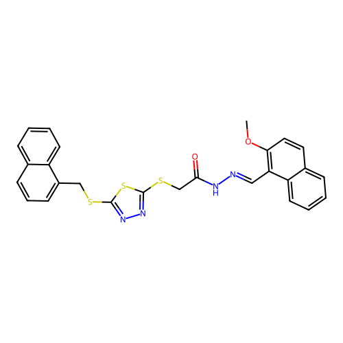 (E)-N'-((2-methoxynaphthalen-1-yl)methylene)-2-((5-((naphthalen-1-ylmethyl)thio)-1,3,4-thiadiazol-2-yl)thio)acetohydrazide structure