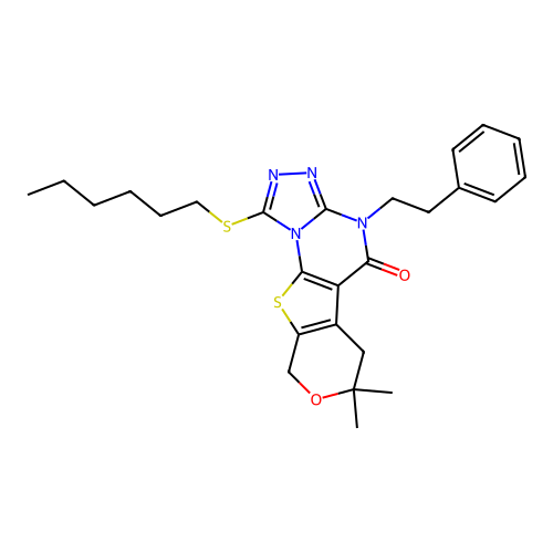 1-(hexylsulfanyl)-7,7-dimethyl-4-(2-phenylethyl)-6,9-dihydro-7H-pyrano[4',3':4,5]thieno[3,2-e][1,2,4]triazolo[4,3-a]pyrimidin-5(4H)-one structure