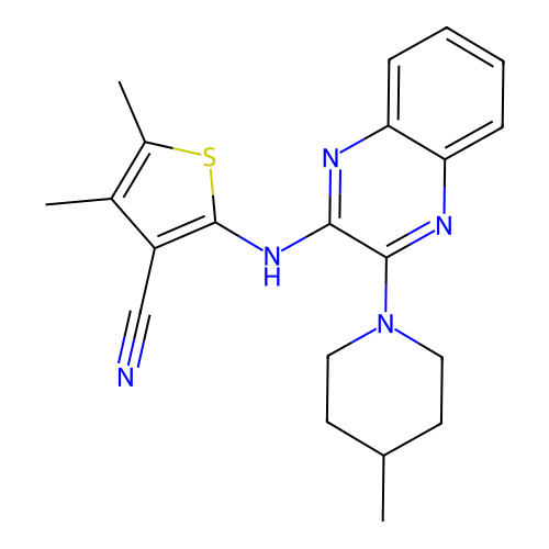 4,5-dimethyl-2-((3-(4-methylpiperidin-1-yl)quinoxalin-2-yl)amino)thiophene-3-carbonitrile structure