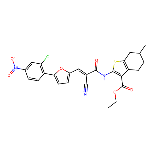 (E)-ethyl 2-(3-(5-(2-chloro-4-nitrophenyl)furan-2-yl)-2-cyanoacrylamido)-6-methyl-4,5,6,7-tetrahydrobenzo[b]thiophene-3-carboxylate structure