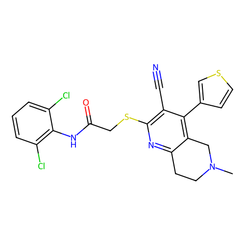 2-((3-cyano-6-methyl-4-(thiophen-3-yl)-5,6,7,8-tetrahydro-1,6-naphthyridin-2-yl)thio)-N-(2,6-dichlorophenyl)acetamide structure