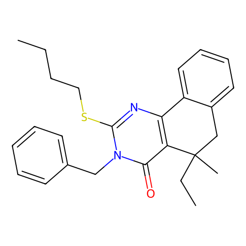 3-benzyl-2-butylsulfanyl-5-ethyl-5-methyl-6H-benzo[h]quinazolin-4-one structure