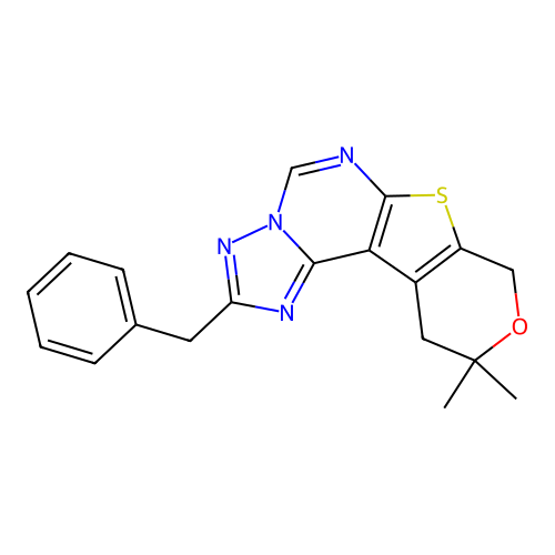 2-benzyl-10,10-dimethyl-10,11-dihydro-8H-pyrano[4',3':4,5]thieno[3,2-e][1,2,4]triazolo[1,5-c]pyrimidine structure