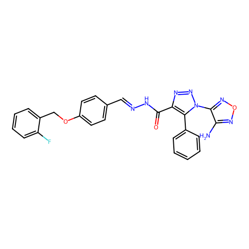 (E)-1-(4-amino-1,2,5-oxadiazol-3-yl)-N'-(4-((2-fluorobenzyl)oxy)benzylidene)-5-phenyl-1H-1,2,3-triazole-4-carbohydrazide structure