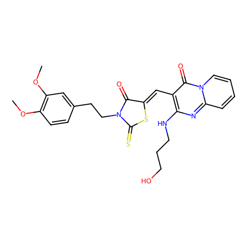 3-[(Z)-{3-[2-(3,4-dimethoxyphenyl)ethyl]-4-oxo-2-thioxo-1,3-thiazolidin-5-ylidene}methyl]-2-[(3-hydroxypropyl)amino]-4H-pyrido[1,2-a]pyrimidin-4-one structure