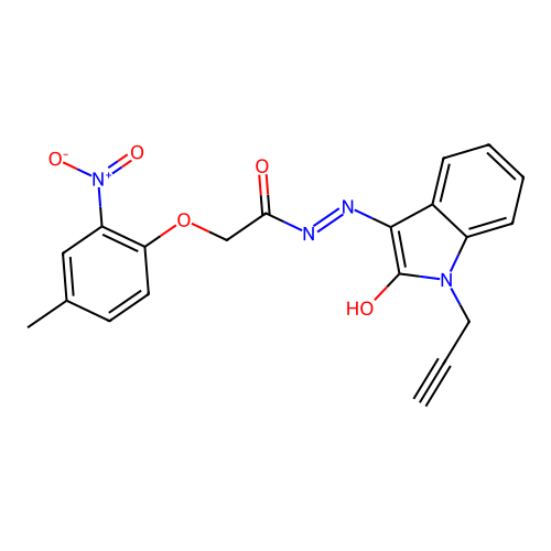 2-(4-methyl-2-nitrophenoxy)-N'-[(3E)-2-oxo-1-(prop-2-yn-1-yl)-1,2-dihydro-3H-indol-3-ylidene]acetohydrazide structure