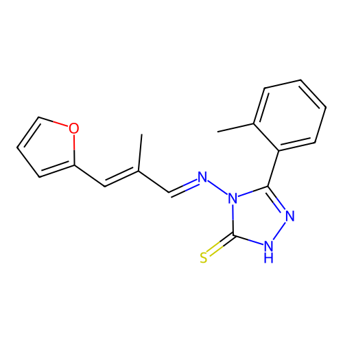 4-((1E,3E)-4-(2-furyl)-3-methyl-1-azabuta-1,3-dienyl)-5-(2-methylphenyl)-1,2,4 -triazole-3-thiol structure