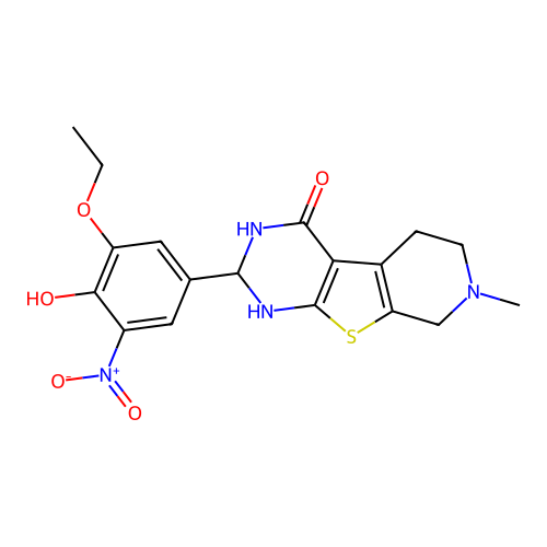 2-(3-ethoxy-4-hydroxy-5-nitrophenyl)-7-methyl-2,3,5,6,7,8-hexahydropyrido[4',3':4,5]thieno[2,3-d]pyrimidin-4(1H)-one structure