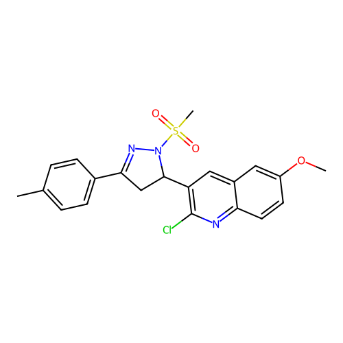 2-chloro-6-methoxy-3-(1-(methylsulfonyl)-3-(p-tolyl)-4,5-dihydro-1H-pyrazol-5-yl)quinoline structure