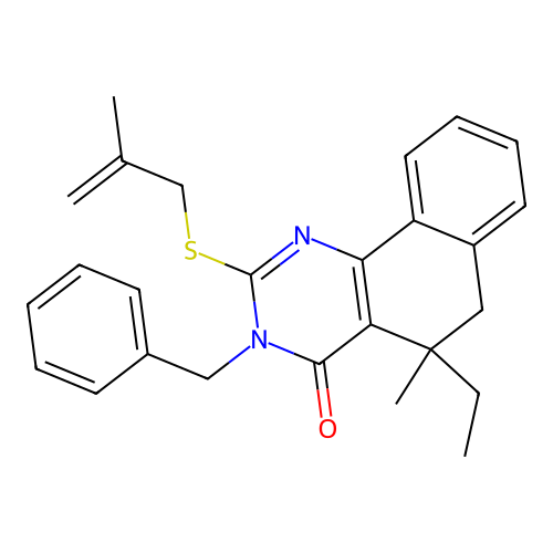 3-benzyl-5-ethyl-5-methyl-2-((2-methylallyl)thio)-5,6-dihydrobenzo[h]quinazolin-4(3H)-one structure