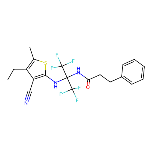 N-(2-((3-cyano-4-ethyl-5-methylthiophen-2-yl)amino)-1,1,1,3,3,3-hexafluoropropan-2-yl)-3-phenylpropanamide structure