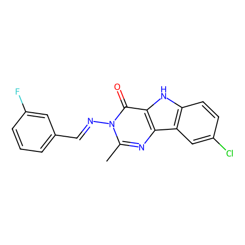 (E)-8-chloro-3-((3-fluorobenzylidene)amino)-2-methyl-3H-pyrimido[5,4-b]indol-4(5H)-one structure
