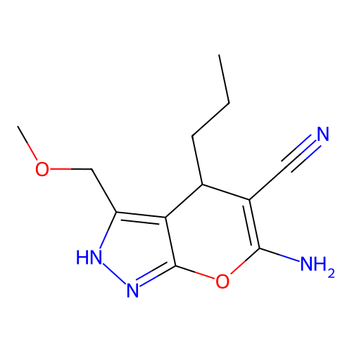 6-amino-3-(methoxymethyl)-4-propyl-1,4-dihydropyrano[2,3-c]pyrazole-5-carbonitrile structure
