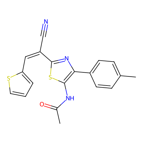 (Z)-N-(2-(1-cyano-2-(thiophen-2-yl)vinyl)-4-(p-tolyl)thiazol-5-yl)acetamide structure